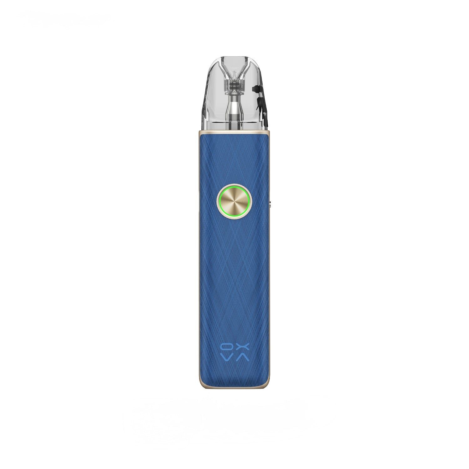 OXVA Xlim 4 Pod Vape Kit in Silken Blue Leather on a White Background.