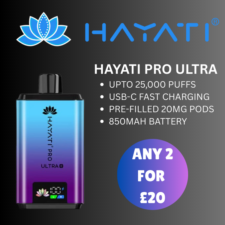 Views the Hayati Pro Ultra  Prefilled vape pod kit range.
