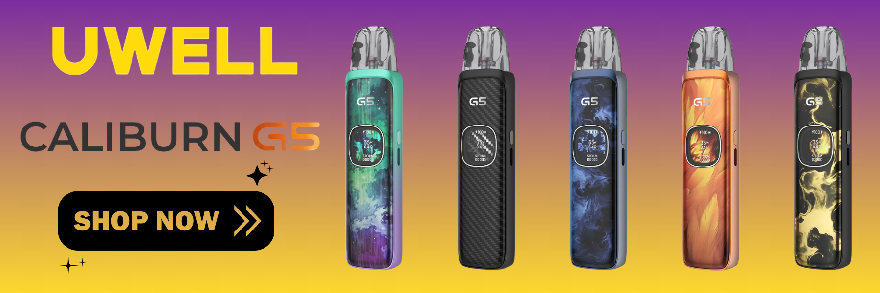 UWELL Caliburn G5 vape devices on a gradient background with 'Shop Now' button.