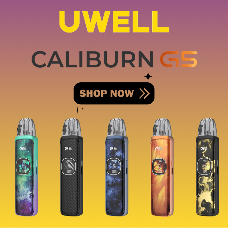 Uwell Caliburn G5 vape devices with a gradient background and 'Shop Now' button.