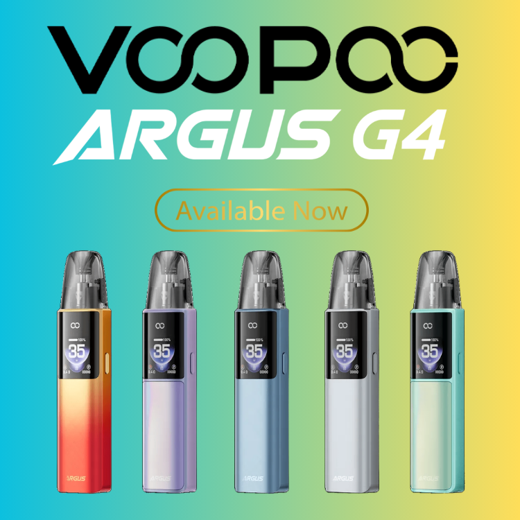 Five VooPoo Argus G4 vape devices in different colors on a gradient background.
