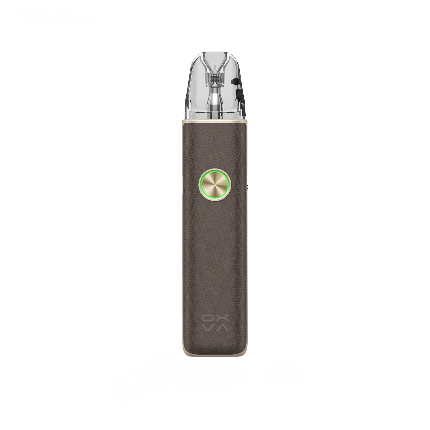 OXVA Xlim 4 Pod Vape Kit in Silken Brown Leather on a White Background.