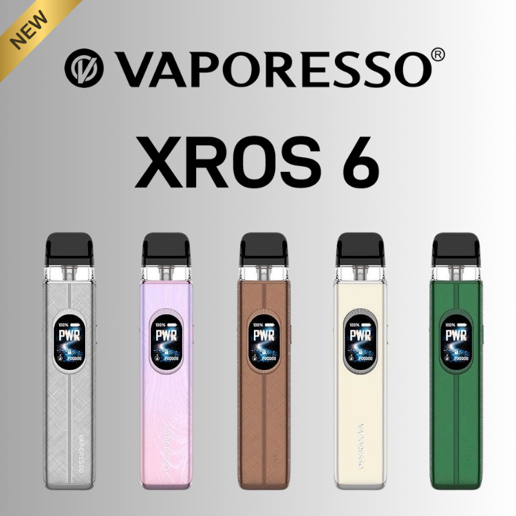 Five Vaporesso XROS 6 vape devices in different colors (silver, pink, brown, cream, and green) are lined up against a light gray gradient background with the Vaporesso brand name and 'XROS 6' text above them.