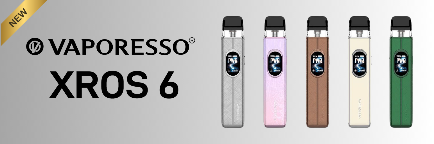 Vaporesso XROS 6 vape device lineup on a light gray background, showing five color variants: silver, pink, brown, cream, and green. The Vaporesso brand name is prominently displayed on the left with a gold 'NEW' banner in the top-left corner.