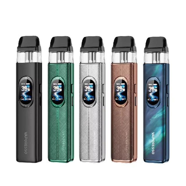 A collection of Vaporesso XROS 6 Pod Vape Kit showing all the colours available on a white background. Vape Town UK.